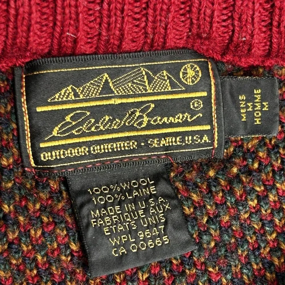 VINTAGE Eddie Bauer Sweater Mens M Red Green Tartan Plaid Crewneck Made USA 90s - Picture 2 of 12